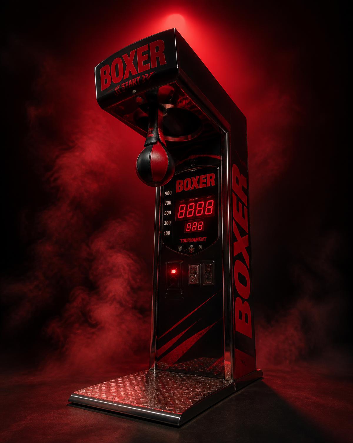 Máquina arcade de boxeo completa vista en ángulo bajo con humo rojo